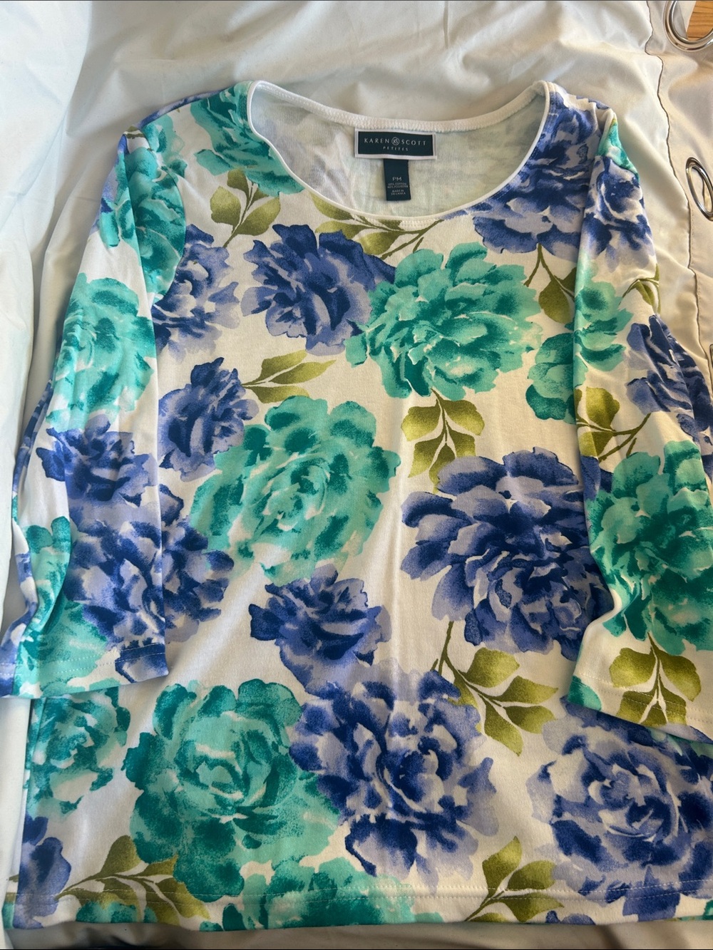 Karen Scott Teal & Blue Floral Scoop Neck three quarter  Sleeve Top